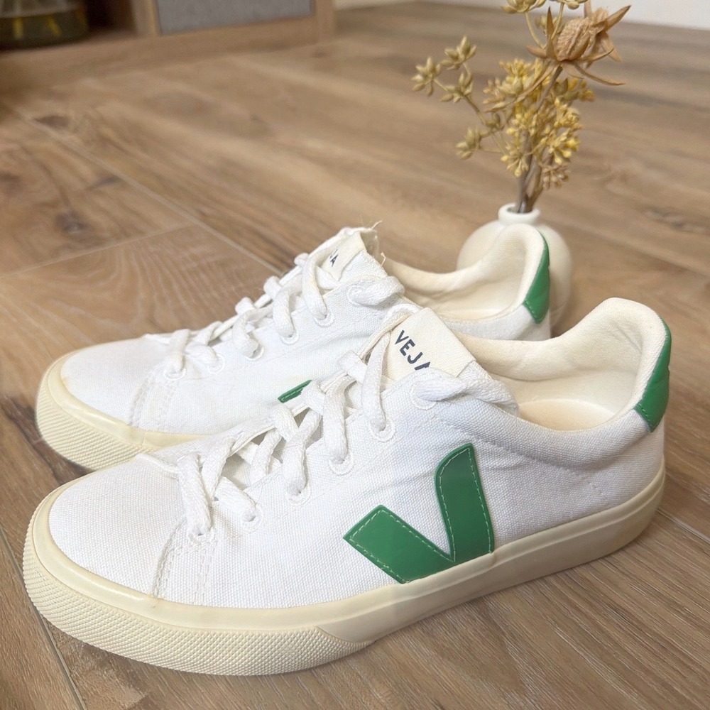 Veja Canvas Shoes Womens Size 7 White Emerald Green Low Top Lace Up Sneakers Eco - Picture 4 of 11
